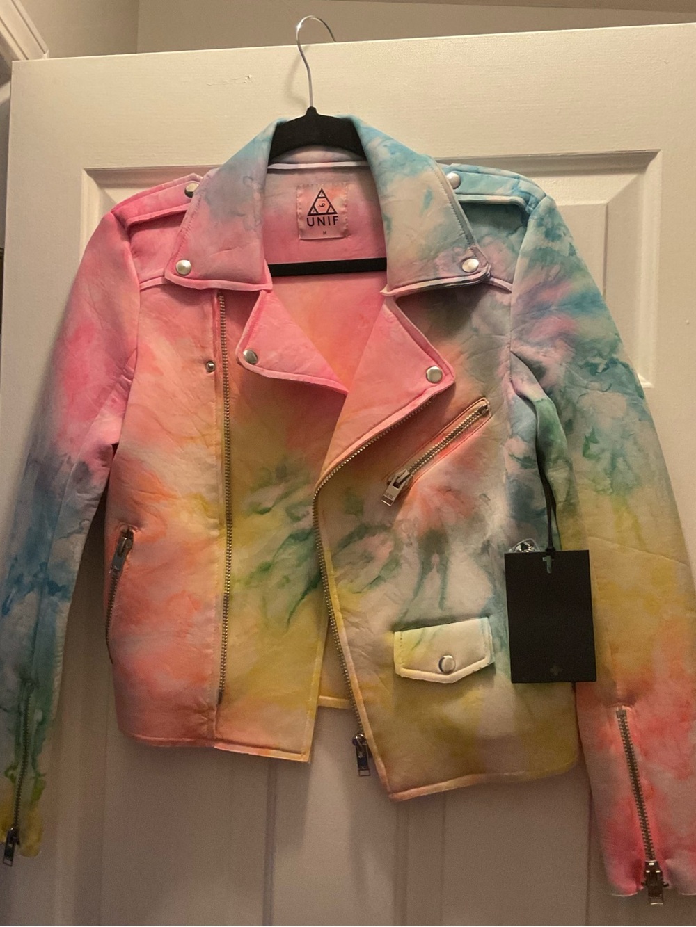 UNIF Pastel Tie-Dye Moto Jacket - Pink, Blue, Yellow, Green